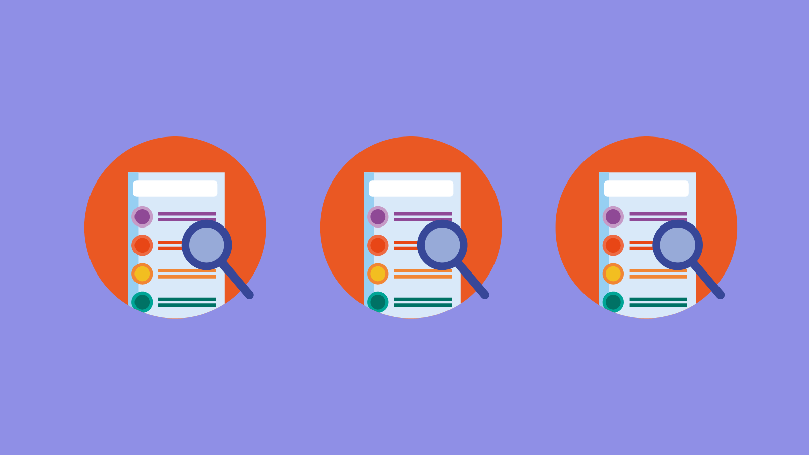 Three circular icons of magnifying glasses looking at data