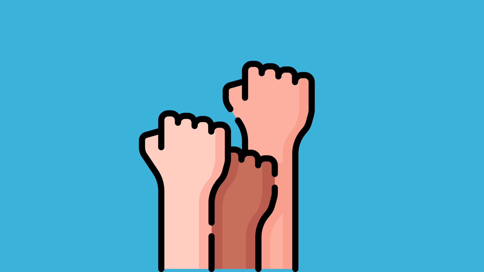 Three fists of various skin tones raised in the air