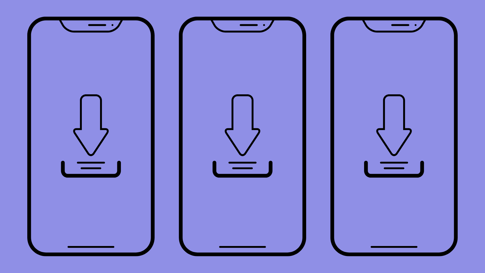 Three identical smartphones with the download icon taking up the whole screen