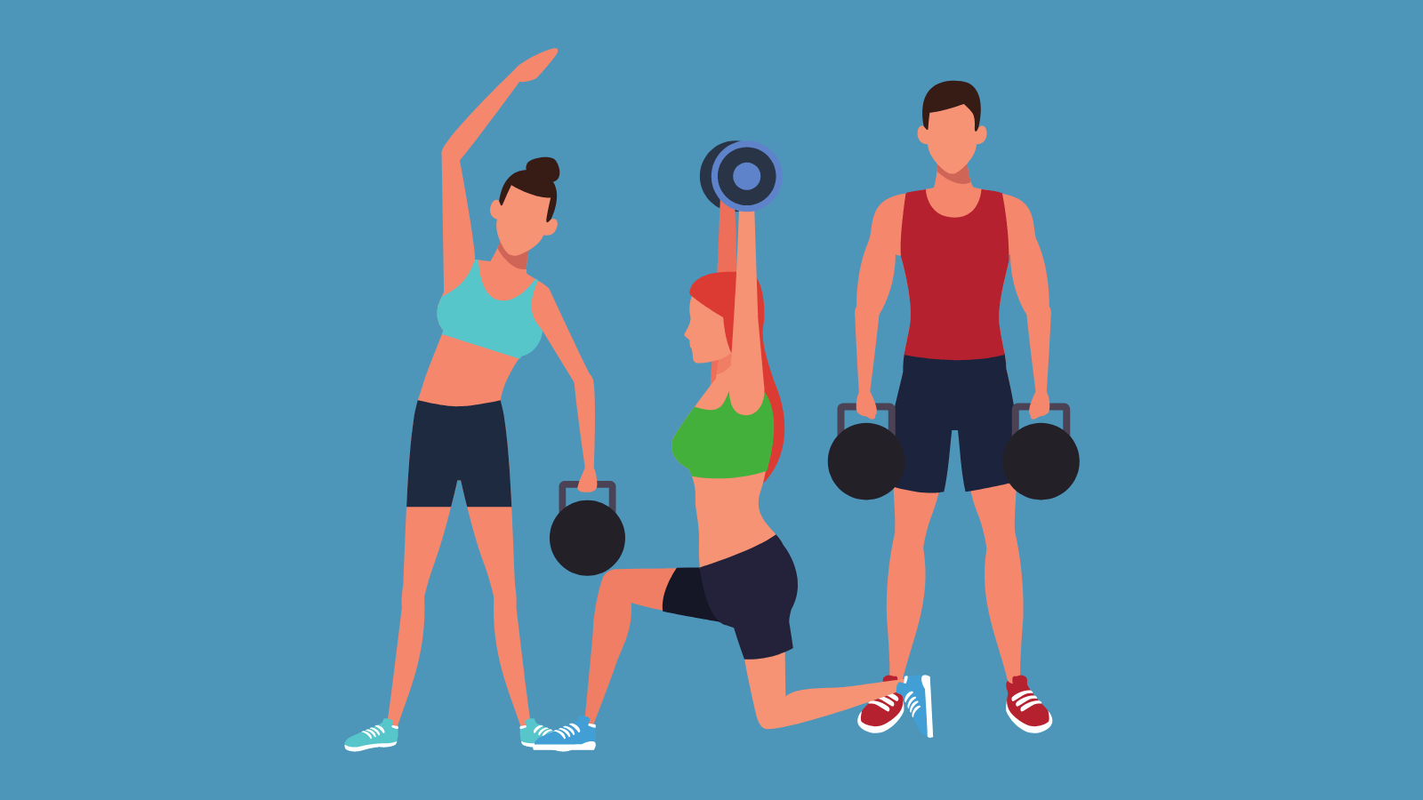 Three people lifting weights in various poses