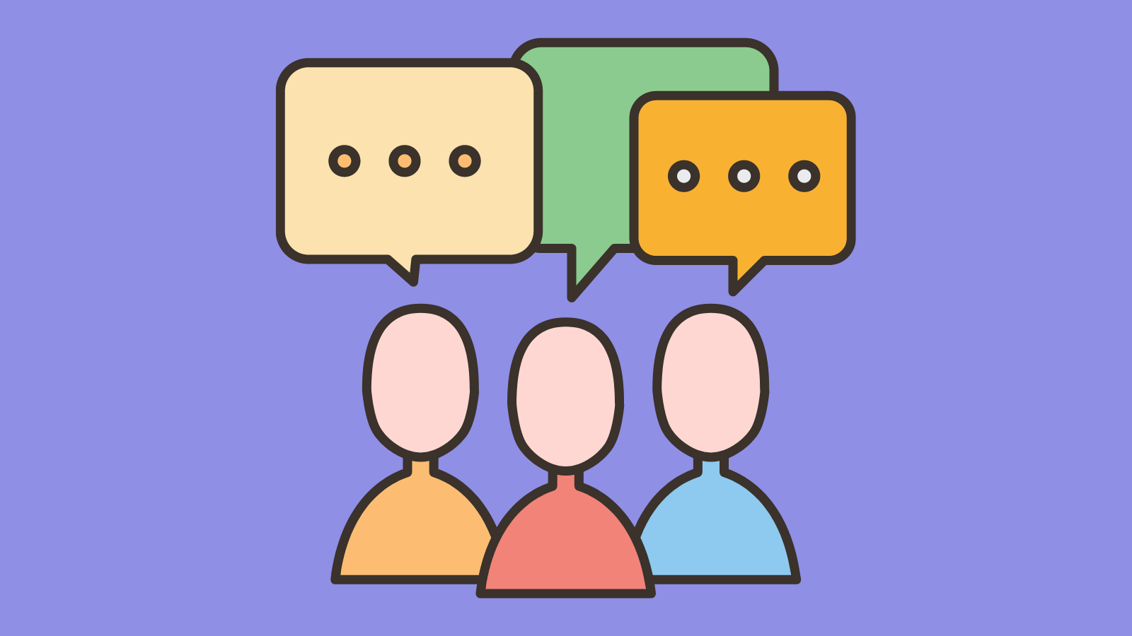 Three people with speech bubbles pointing at each of them
