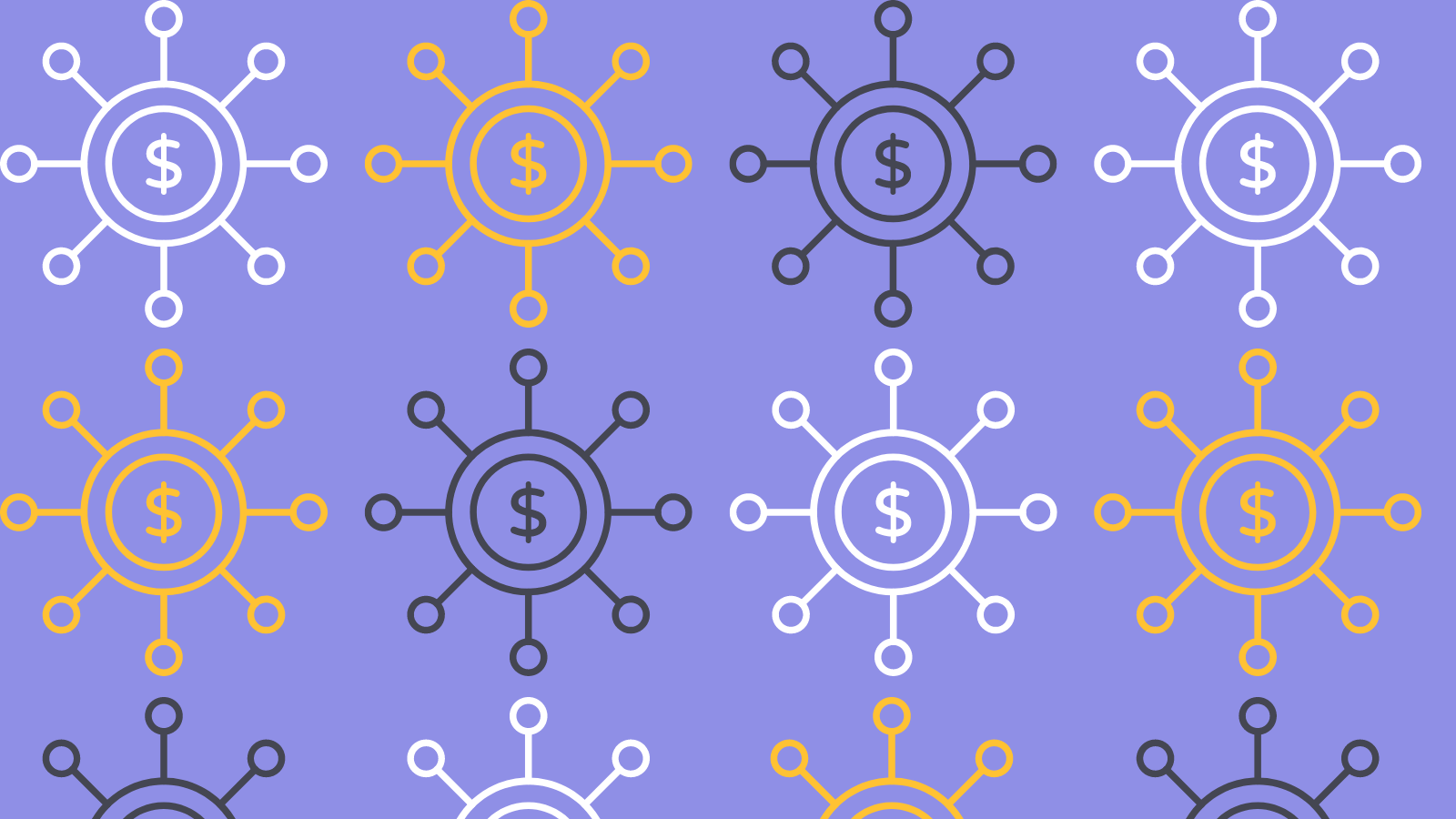 Three rows of a graphic of a spoke diagram with a dollar sign in the center