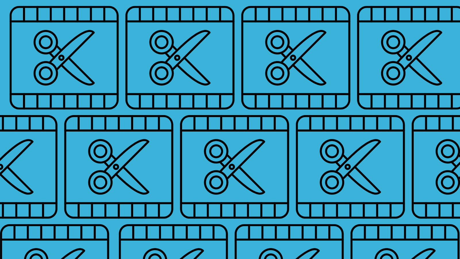 Three rows of film strips with pictures of scissors in them