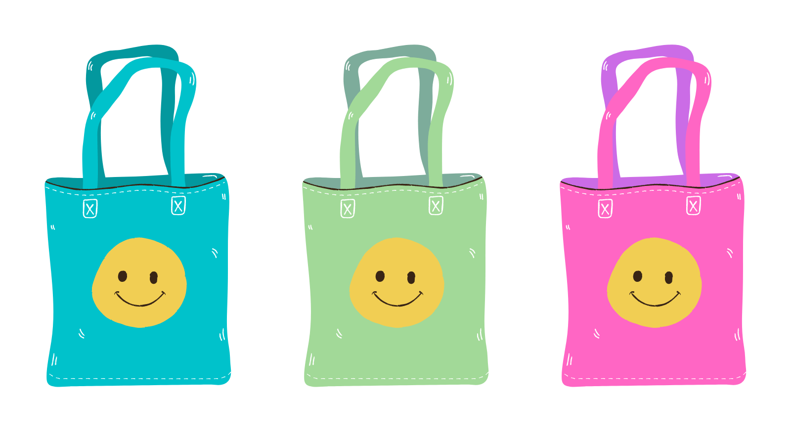Three tote bags with smiley faces printed on them one turquoise, one light green, and one pink