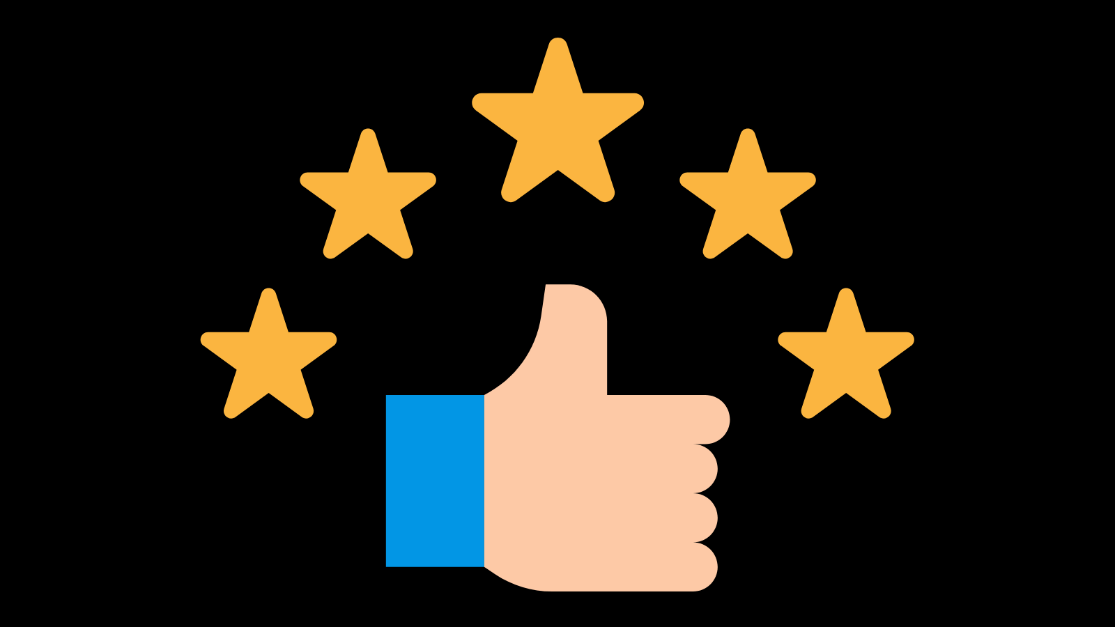 Thumbs up icon with five stars above and around it