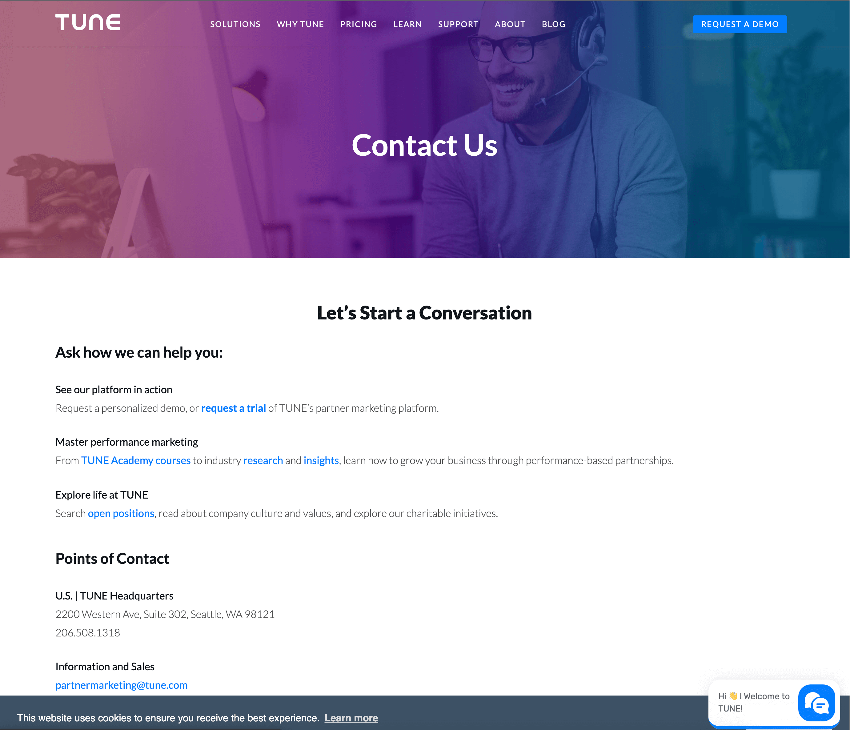 Tune's Contact Us Page