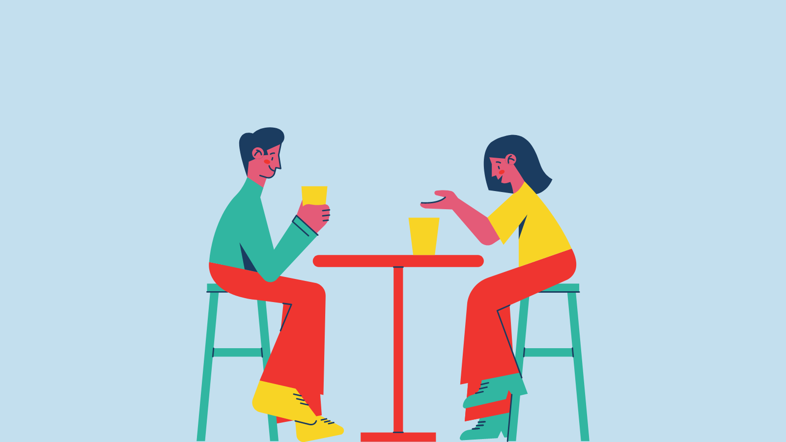 Two people chatting over coffee
