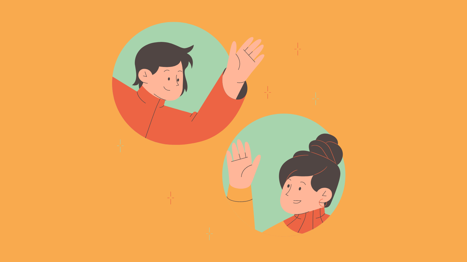 Two people in separate circles waving at each other