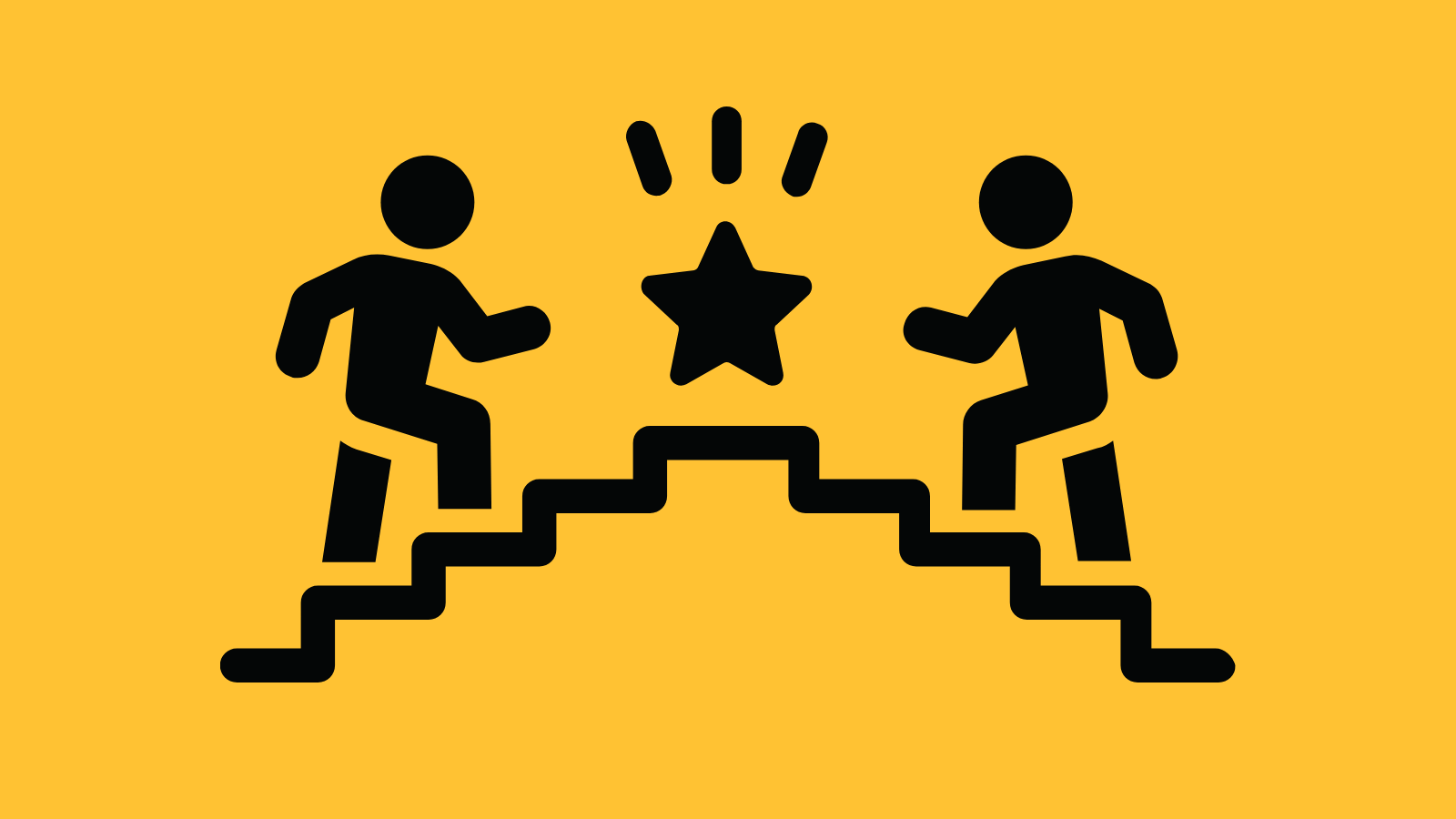 Two people walking up different staircases leading to the same star