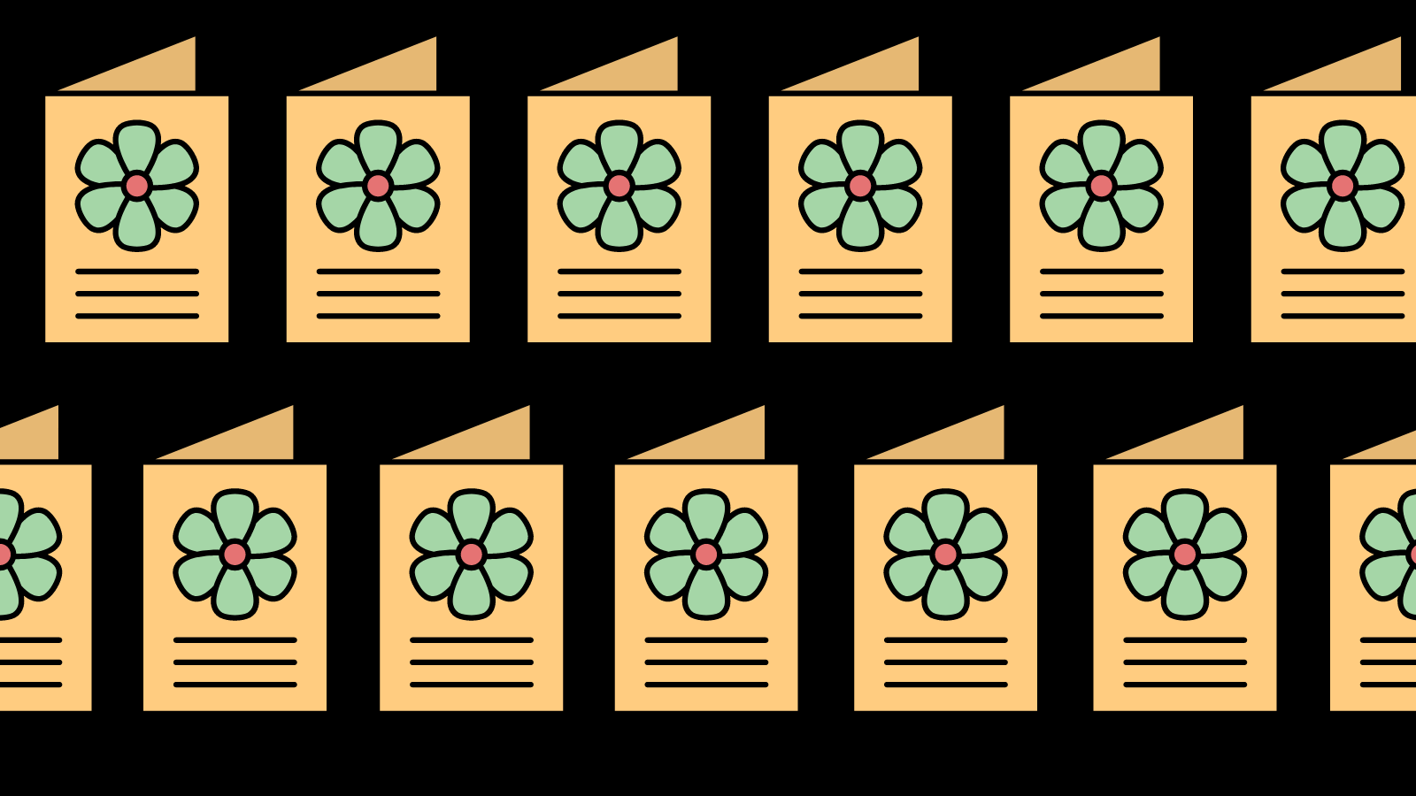 Two rows of greeting cards with the same flower on the front