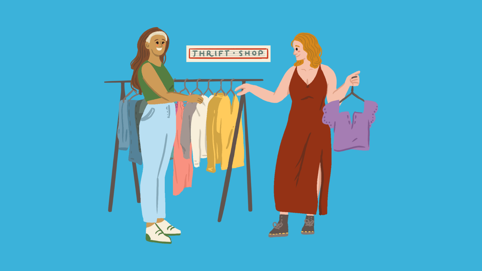 Two women looking through a rack of clothes