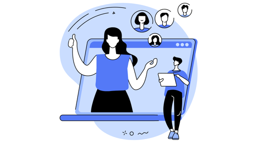WOman thumbs up in a laptop next to a small man wth a piece of paper surrounded by profile pics of other people all on a blue blob on a white background