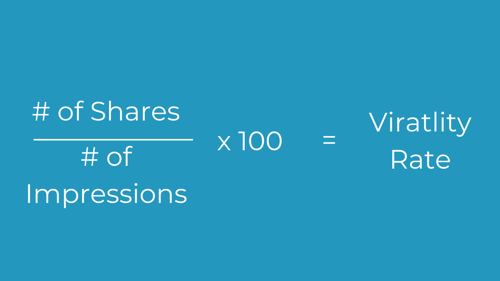 An infographic that reads "number of shares divided by number of impressions times 100 = virality rate"