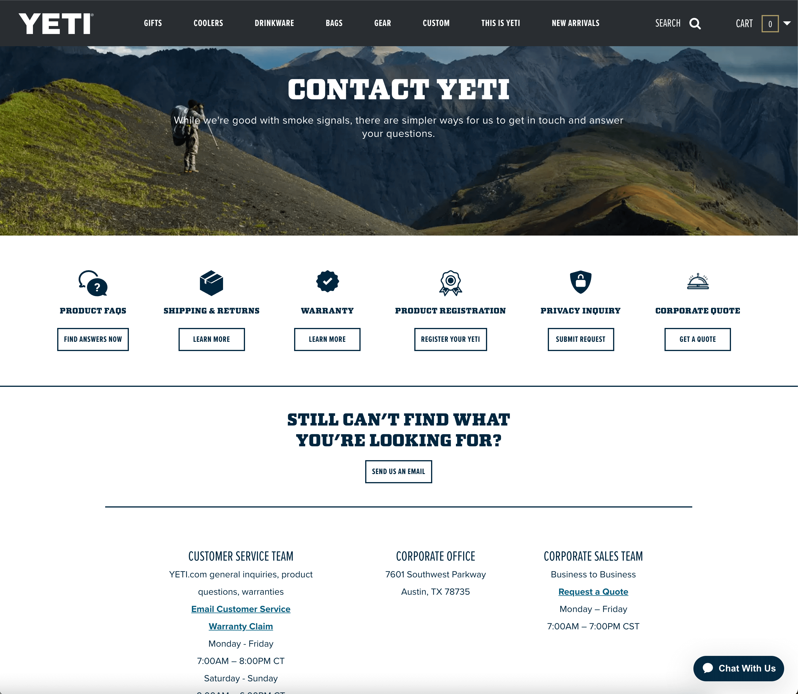 Yeti Coolers' Contact Us Page