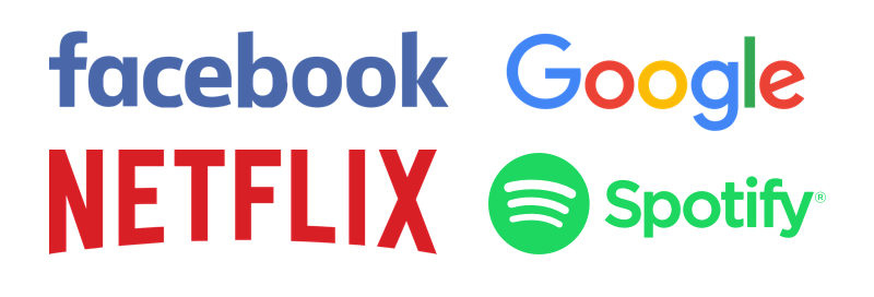 The letterheads for Facebook, Google, Netflix, and Spotify