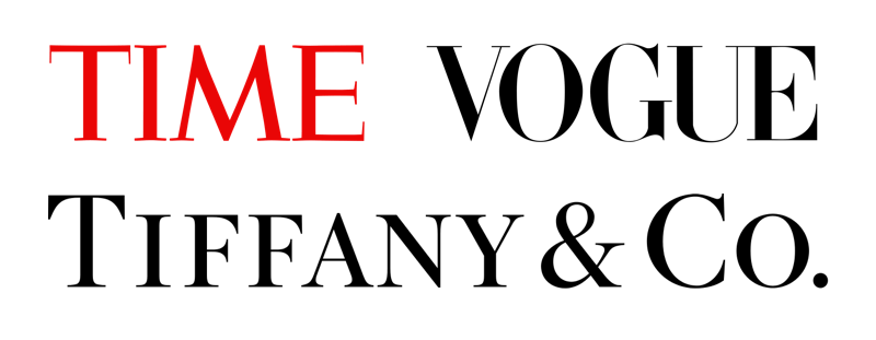 The letterheads for Time, Vogue, and Tiffany and co. 