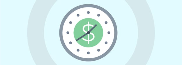 In the center of the image there is a clock with a money sign in the center against a light blue background