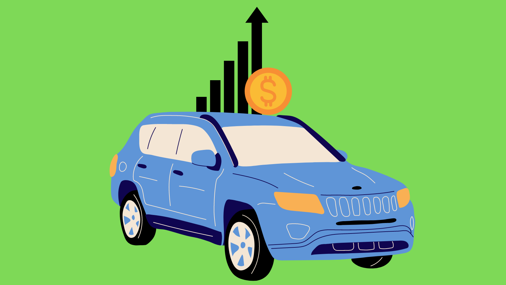 A blue car against a green background with a graph trending upwards behind it with a large coin in front of the graph.