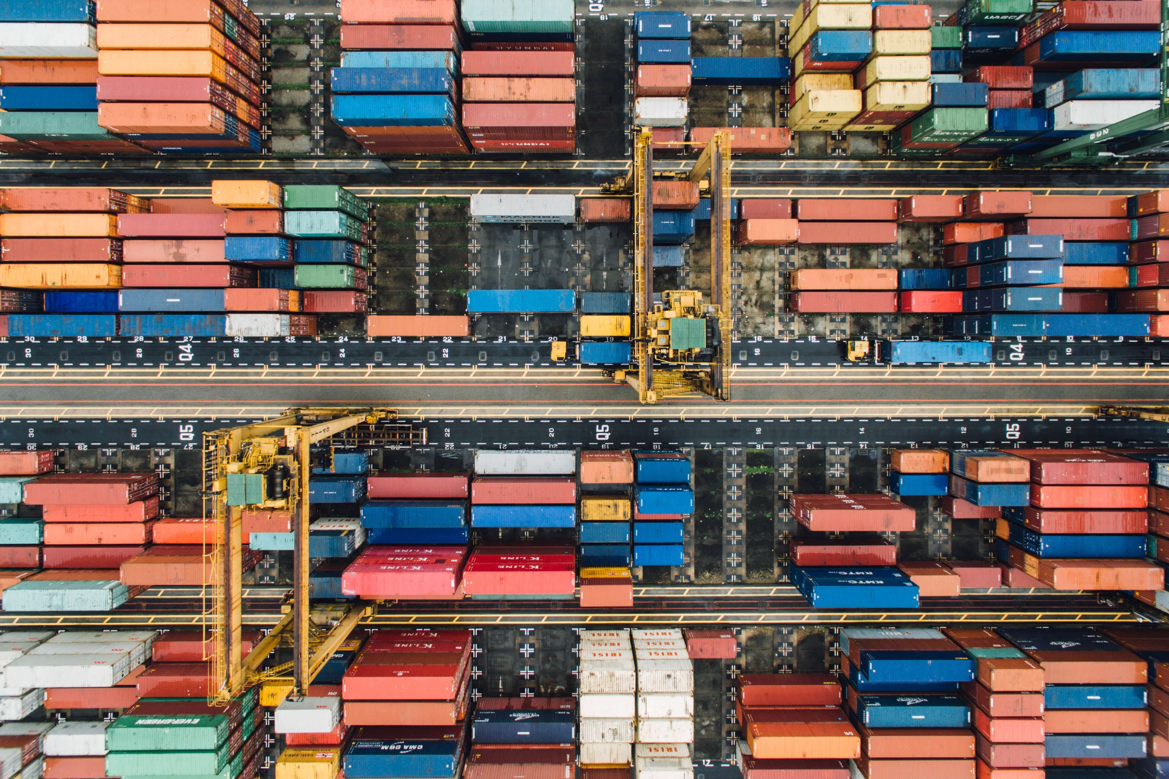 An aerial view of a shipping yard