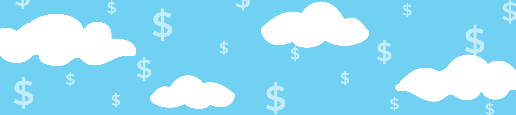The image depicts a graphic of money signs floating in the blue sky amongst clouds. 