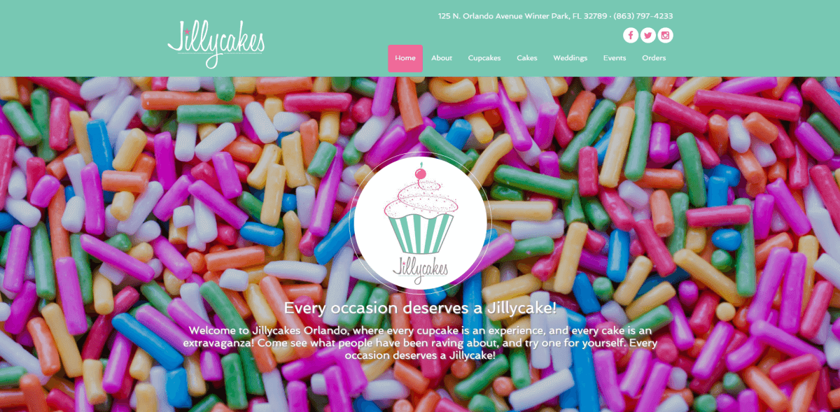 Jillycakes Orlando's homepage, featuring a closeup of sprinkles as the background against their logo and tagline