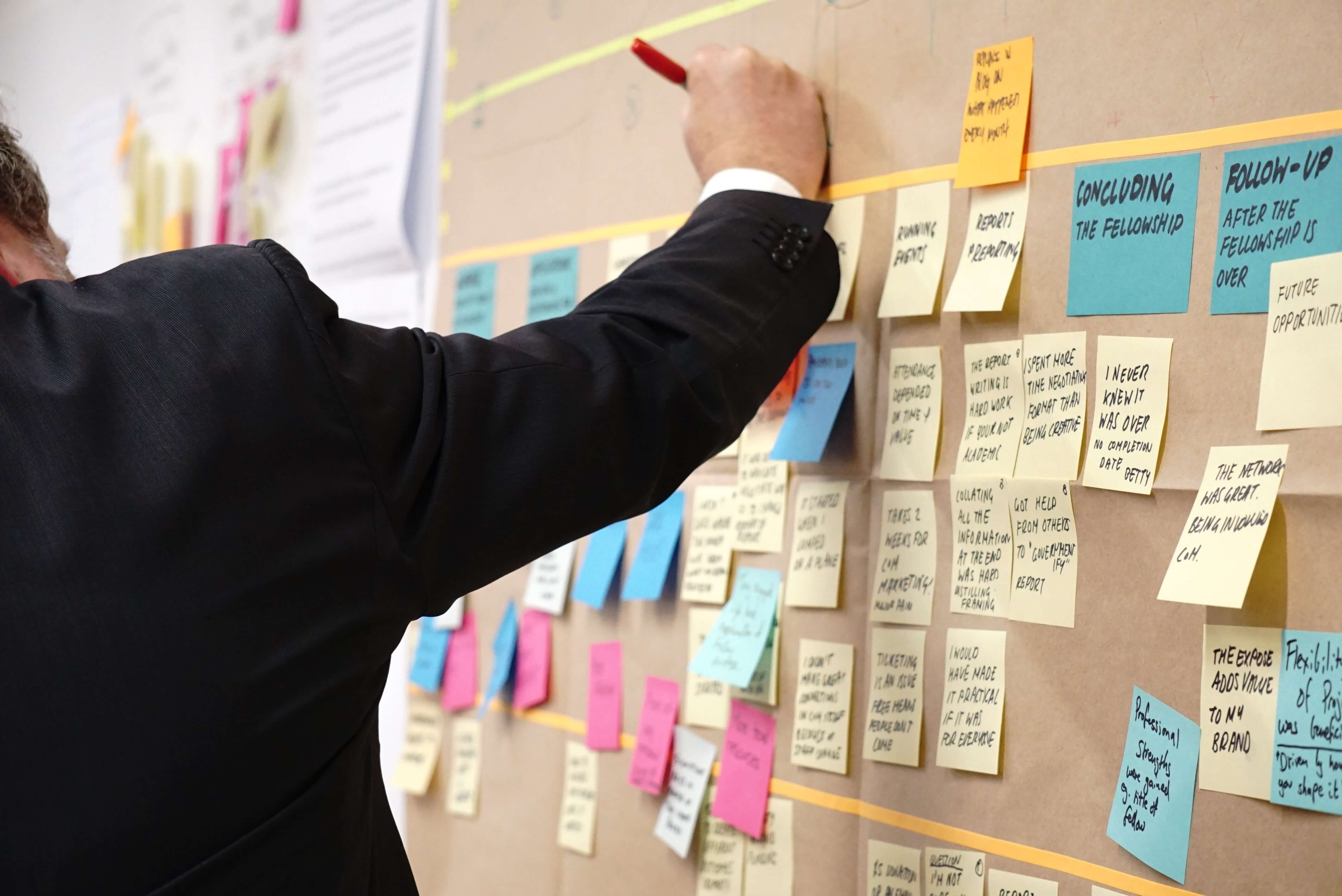 A man writes on a bulletin board full of different colored post-it notes