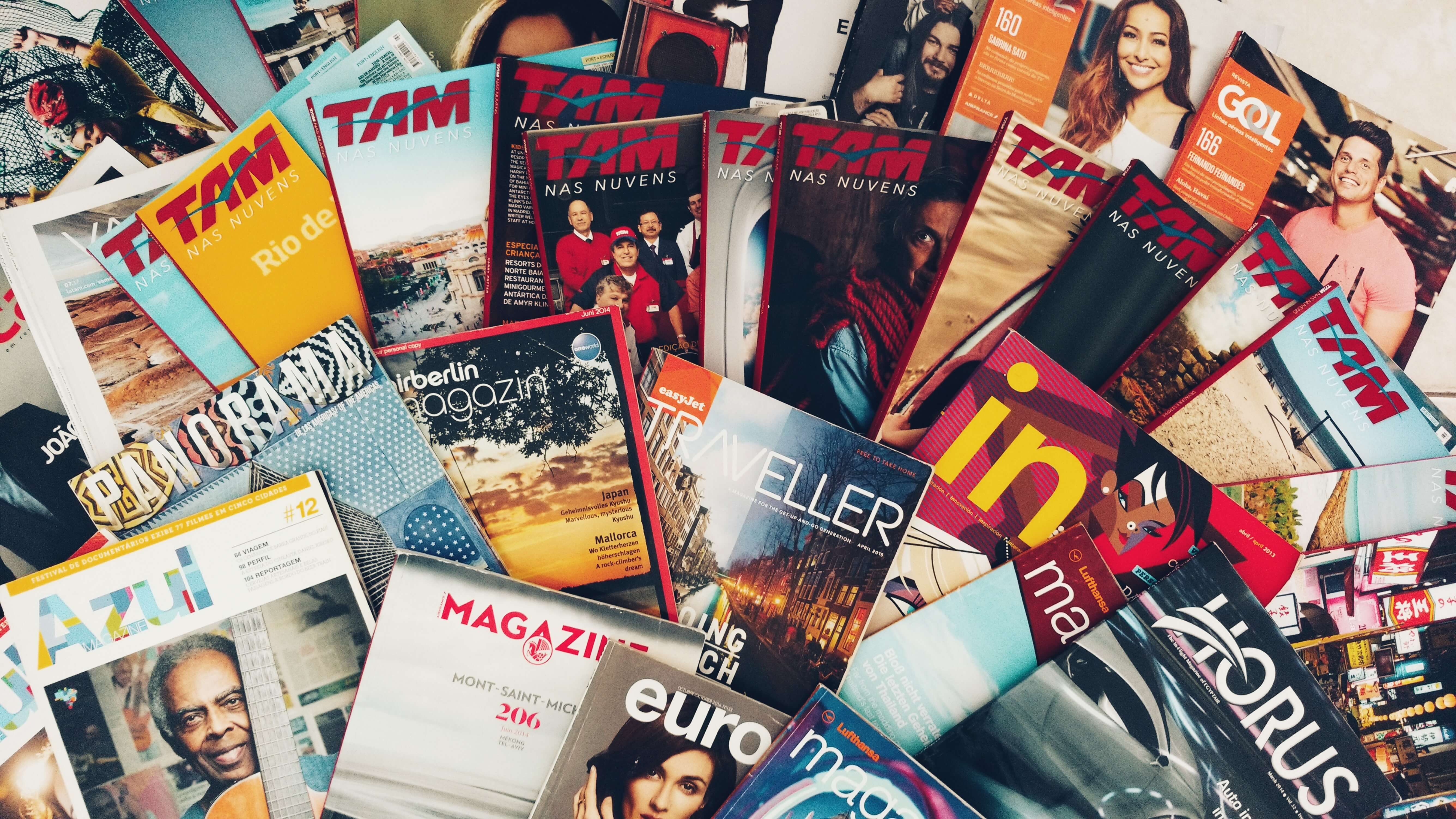 A fanned-out collection of magazines
