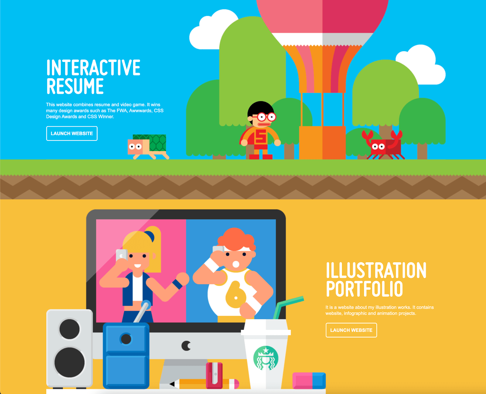 A colorful, cartoon-themed homepage