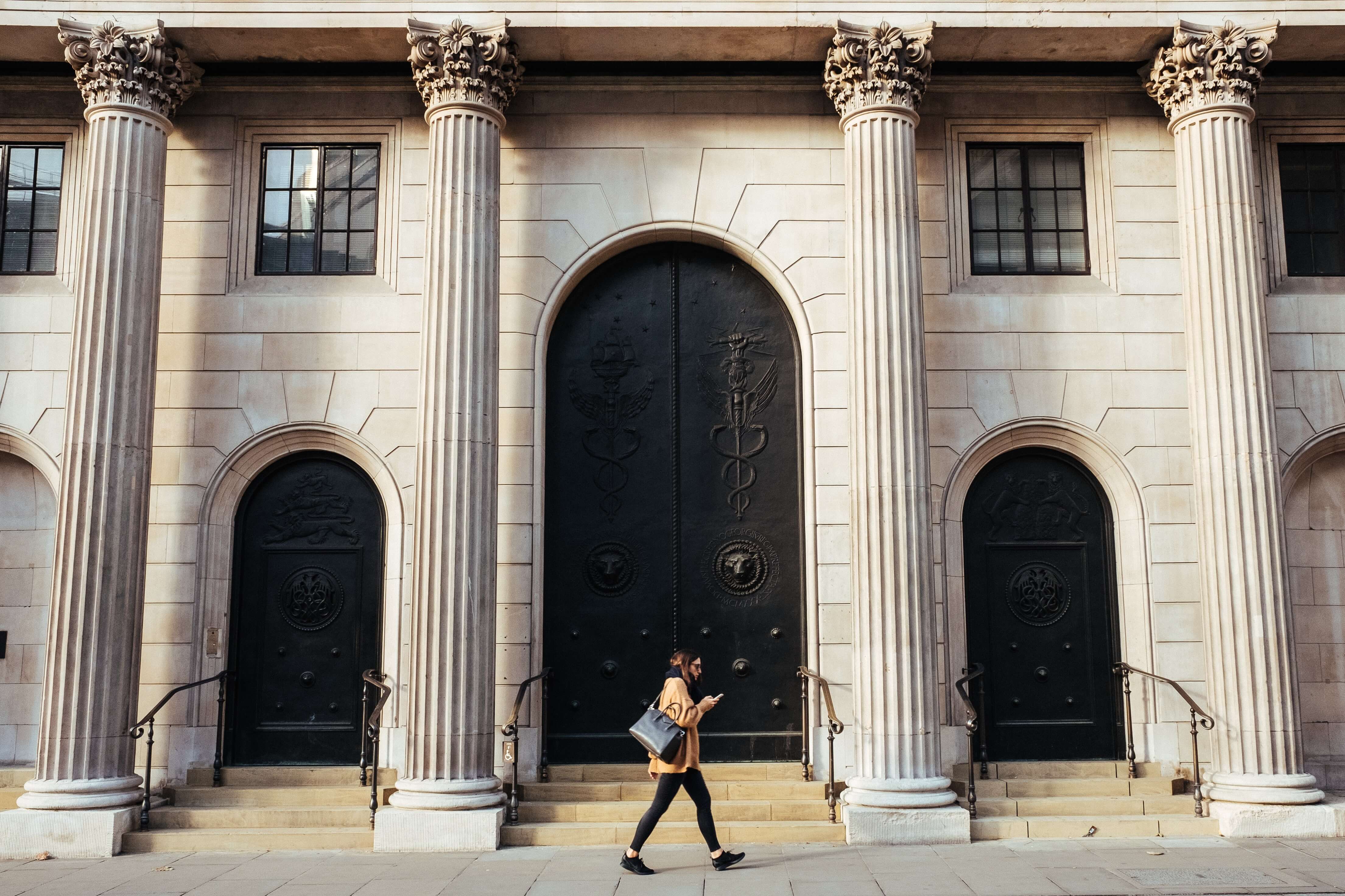 The exterior of a bank with Roman-style columns