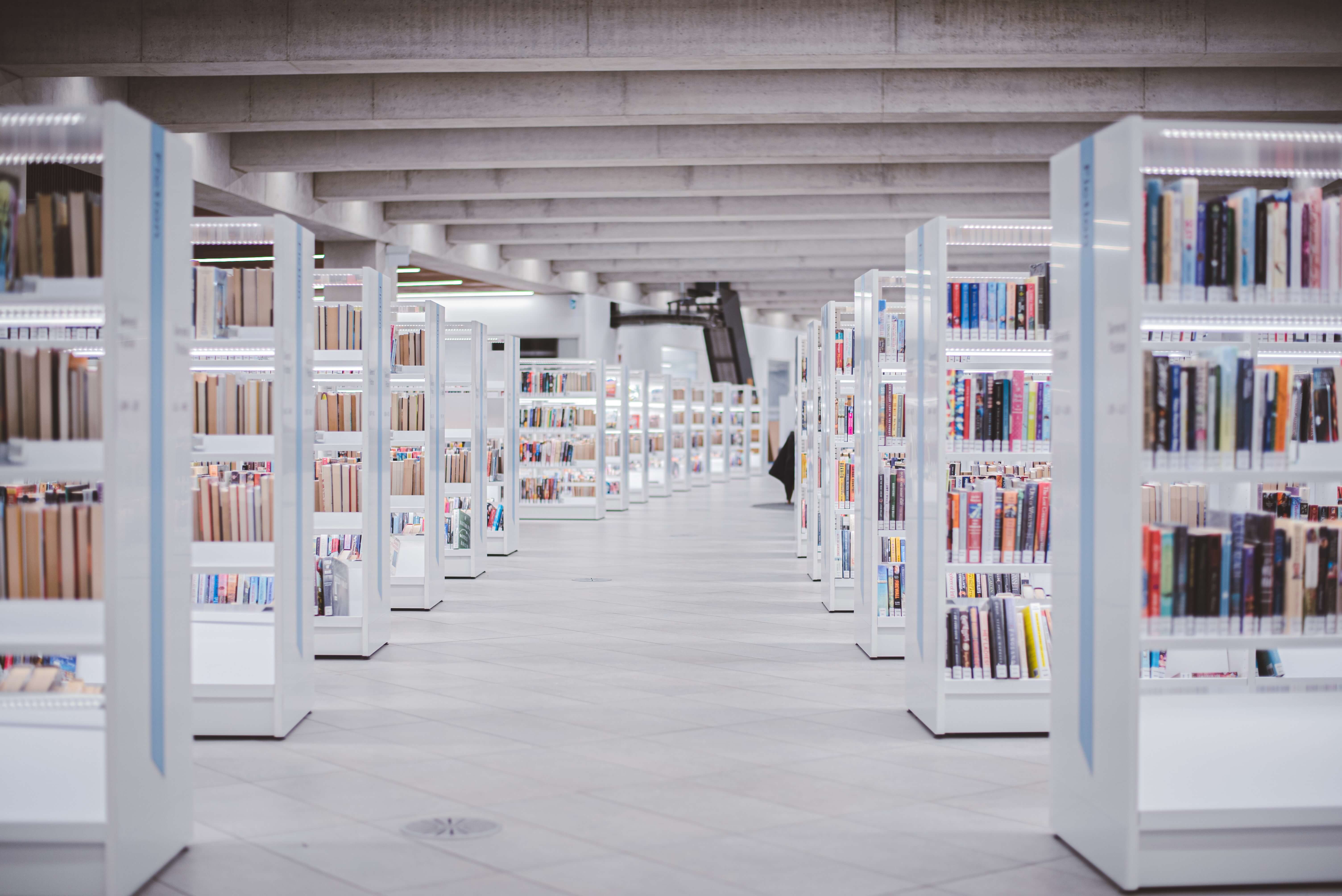 A clean, mostly white library