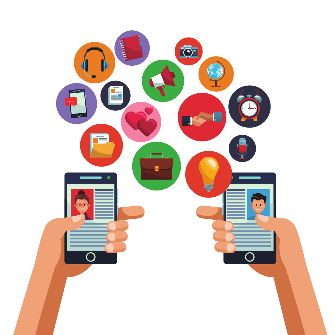 Two hands holding phones with various social media icons in bubbles around them