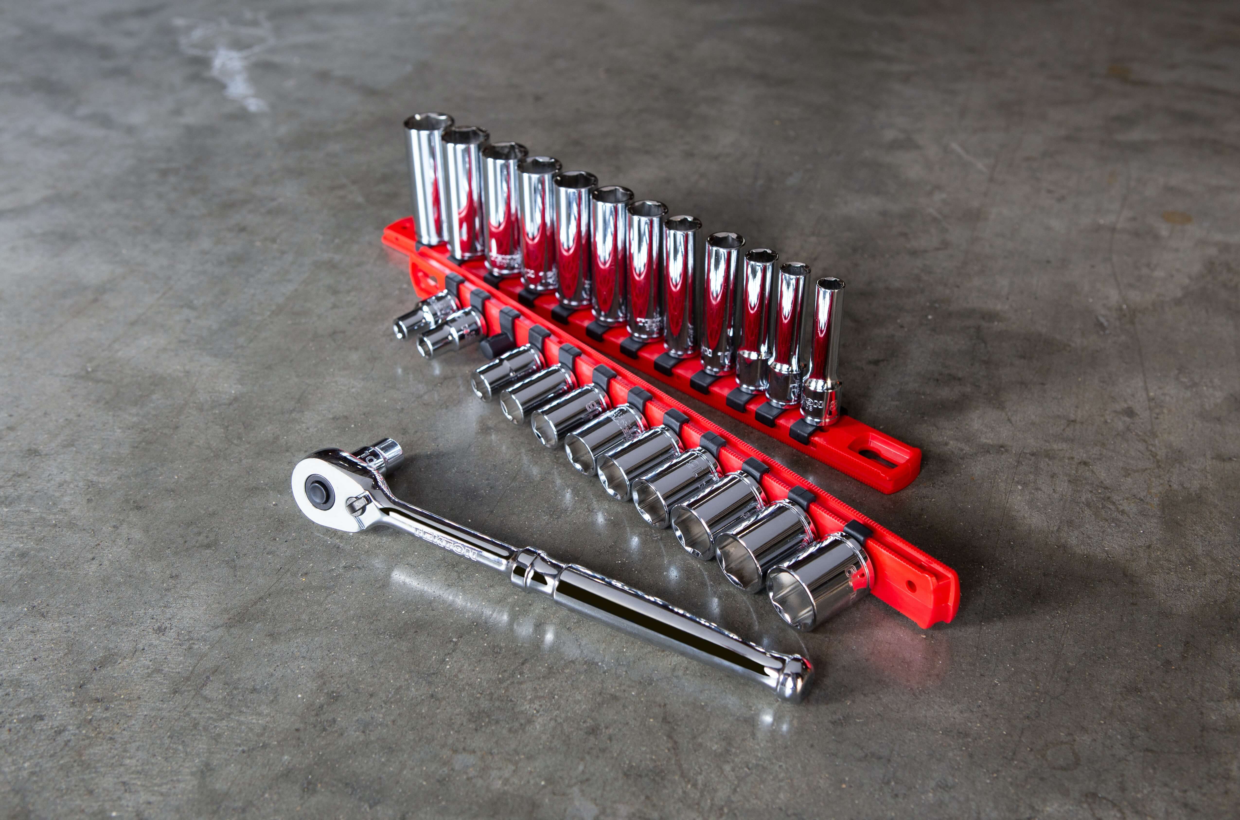A socket wrench with various sized attachments
