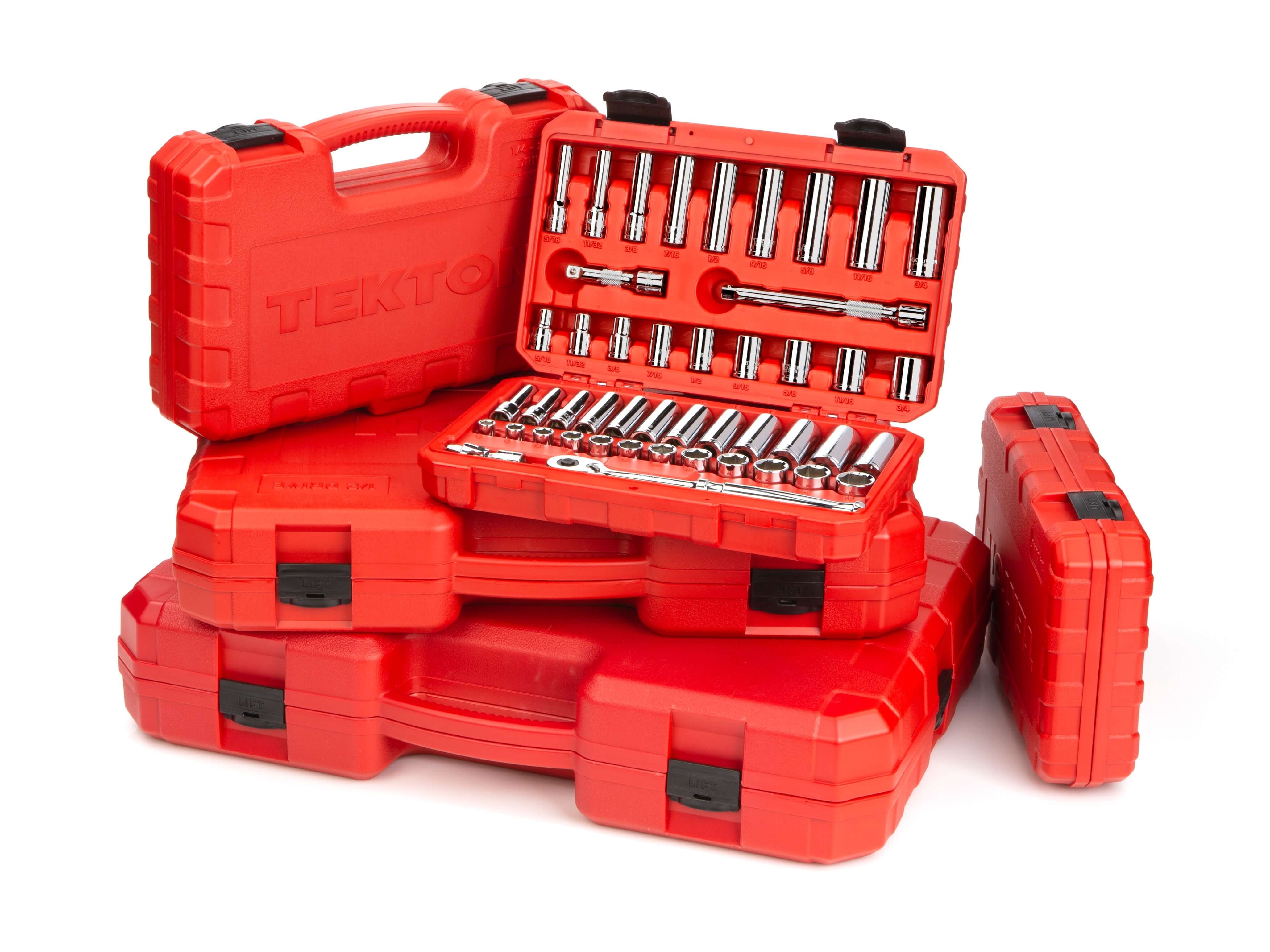 A series of red toolboxes of various sizes. 
