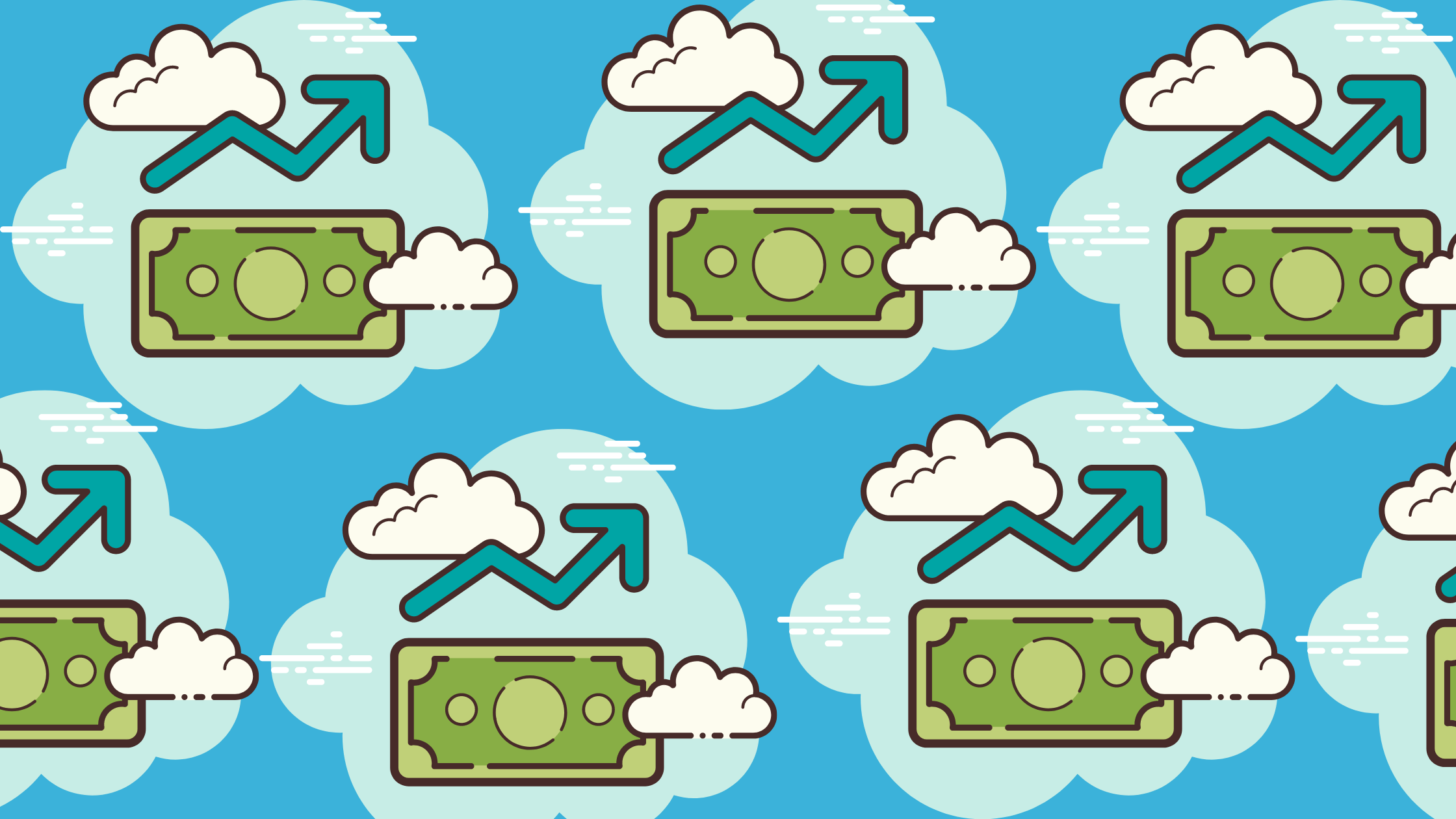 A dollar bill and a jagged arrow pointing up against a cloud background
