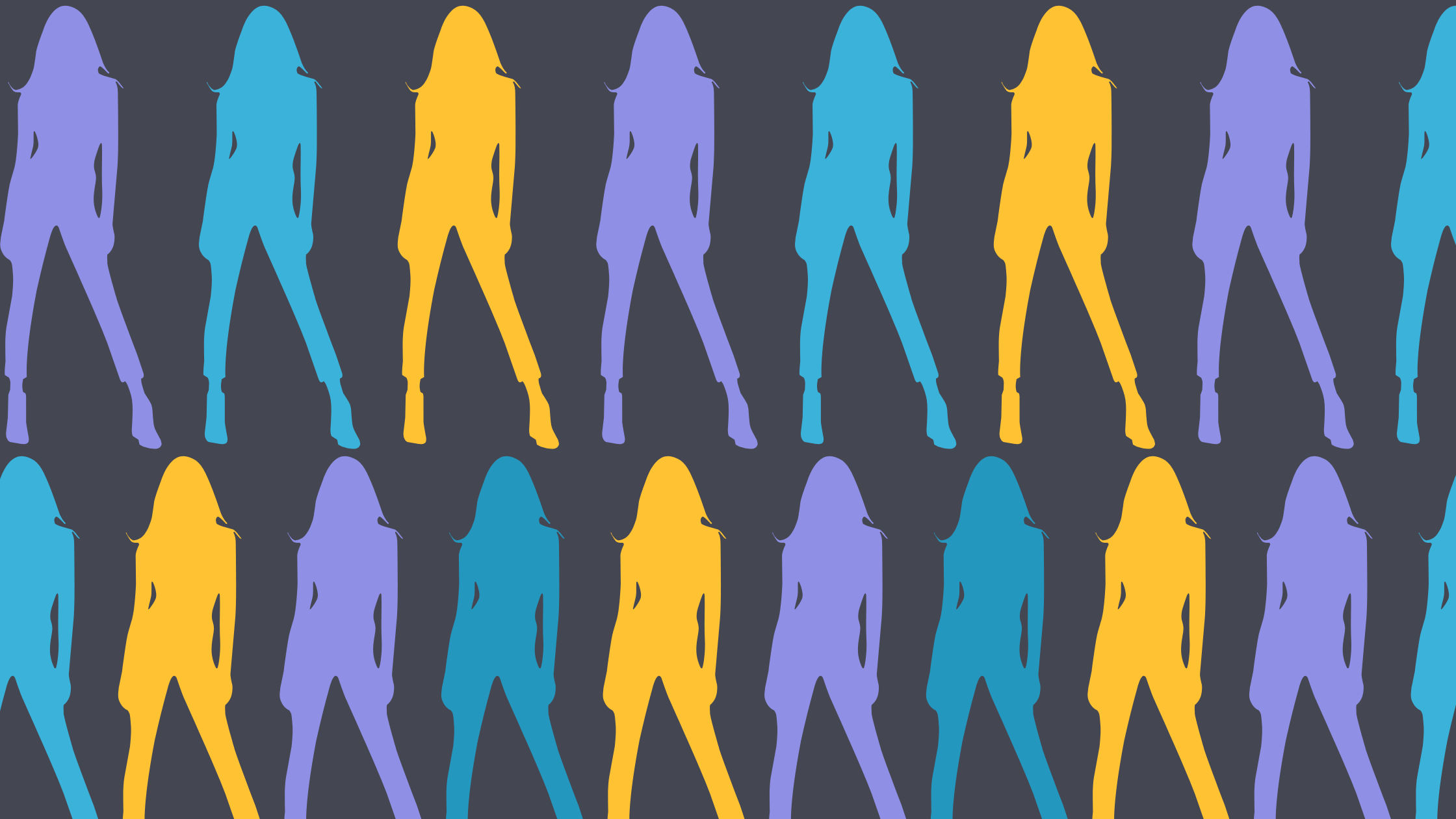 A repeating pattern of silhouettes of a woman standing in a wide stance