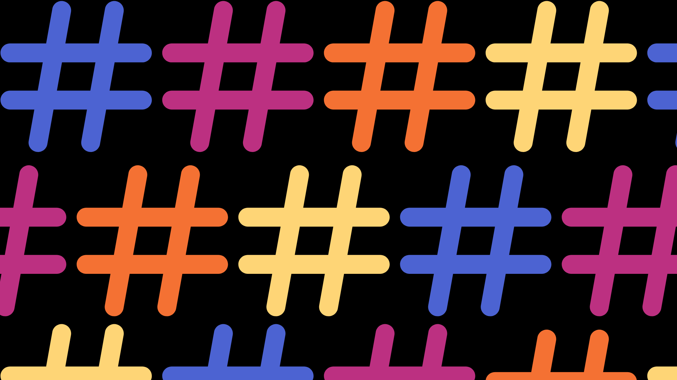 A series of hashtags in the Instagram gradient colors