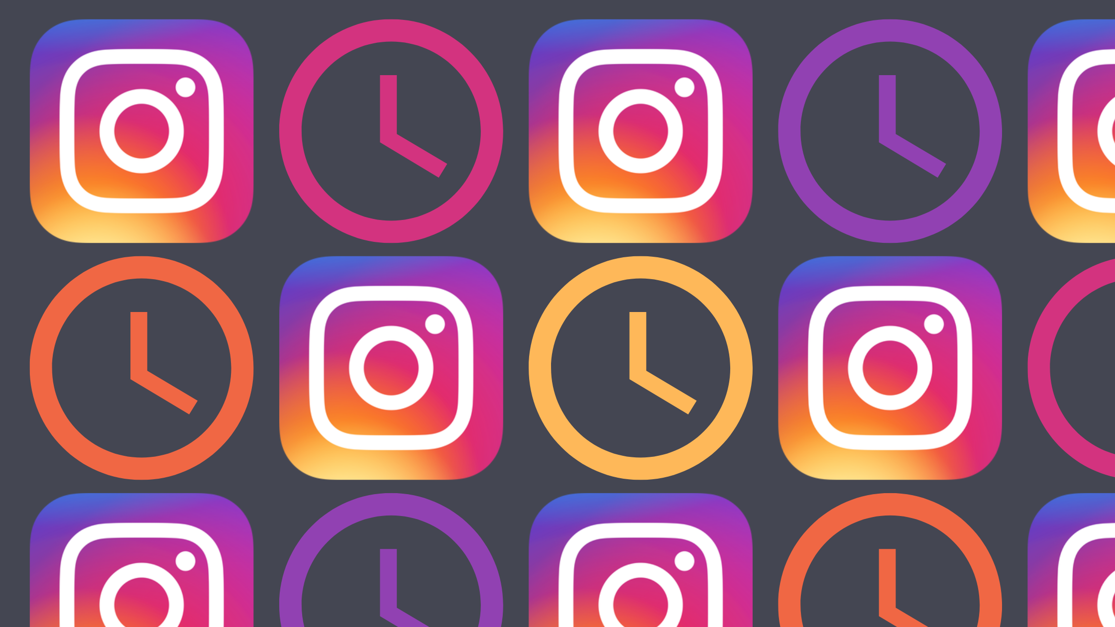 The Instagram logo and a clock icon in a repeating pattern