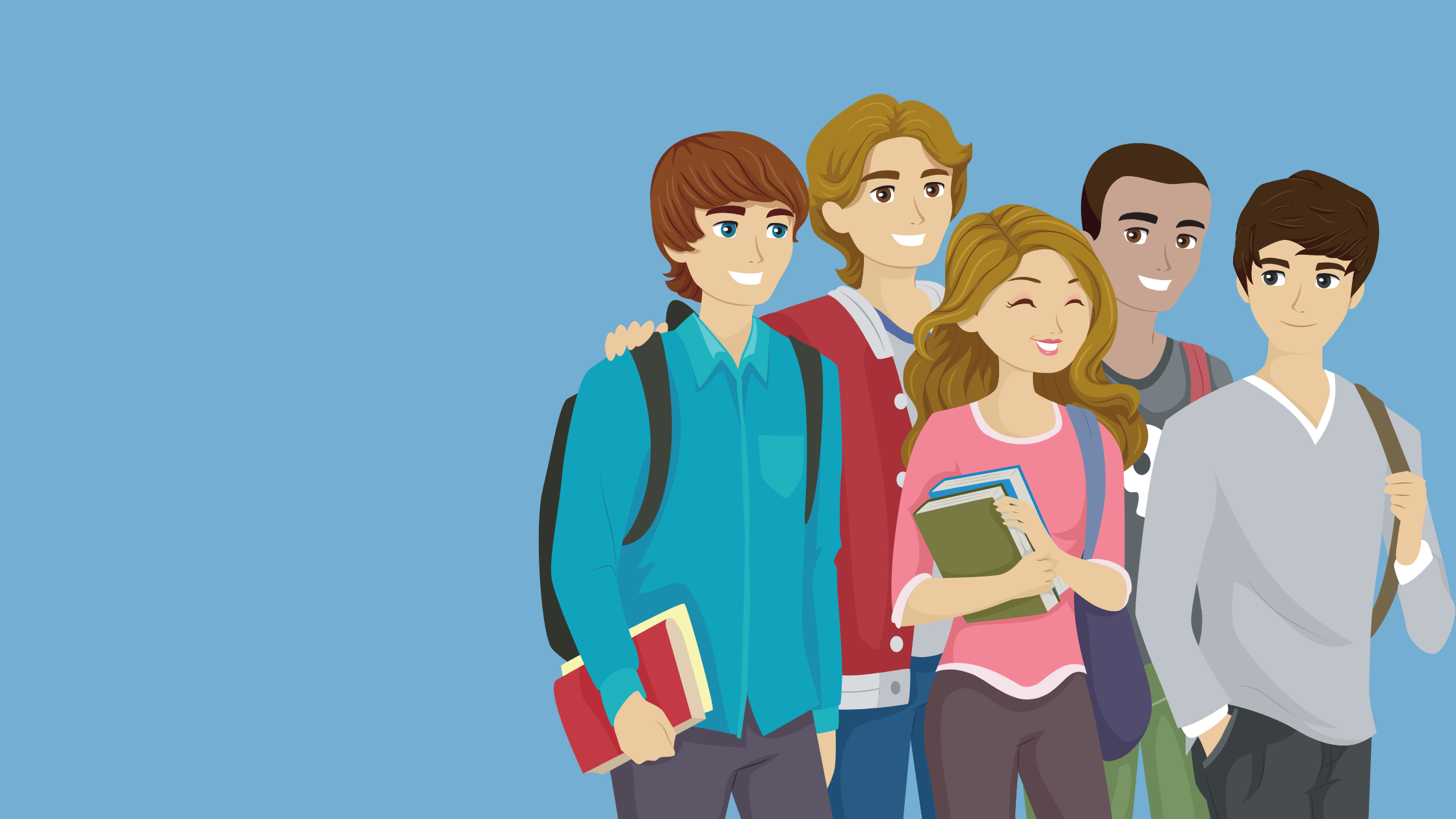 A diverse group of teenagers with backpacks and school books