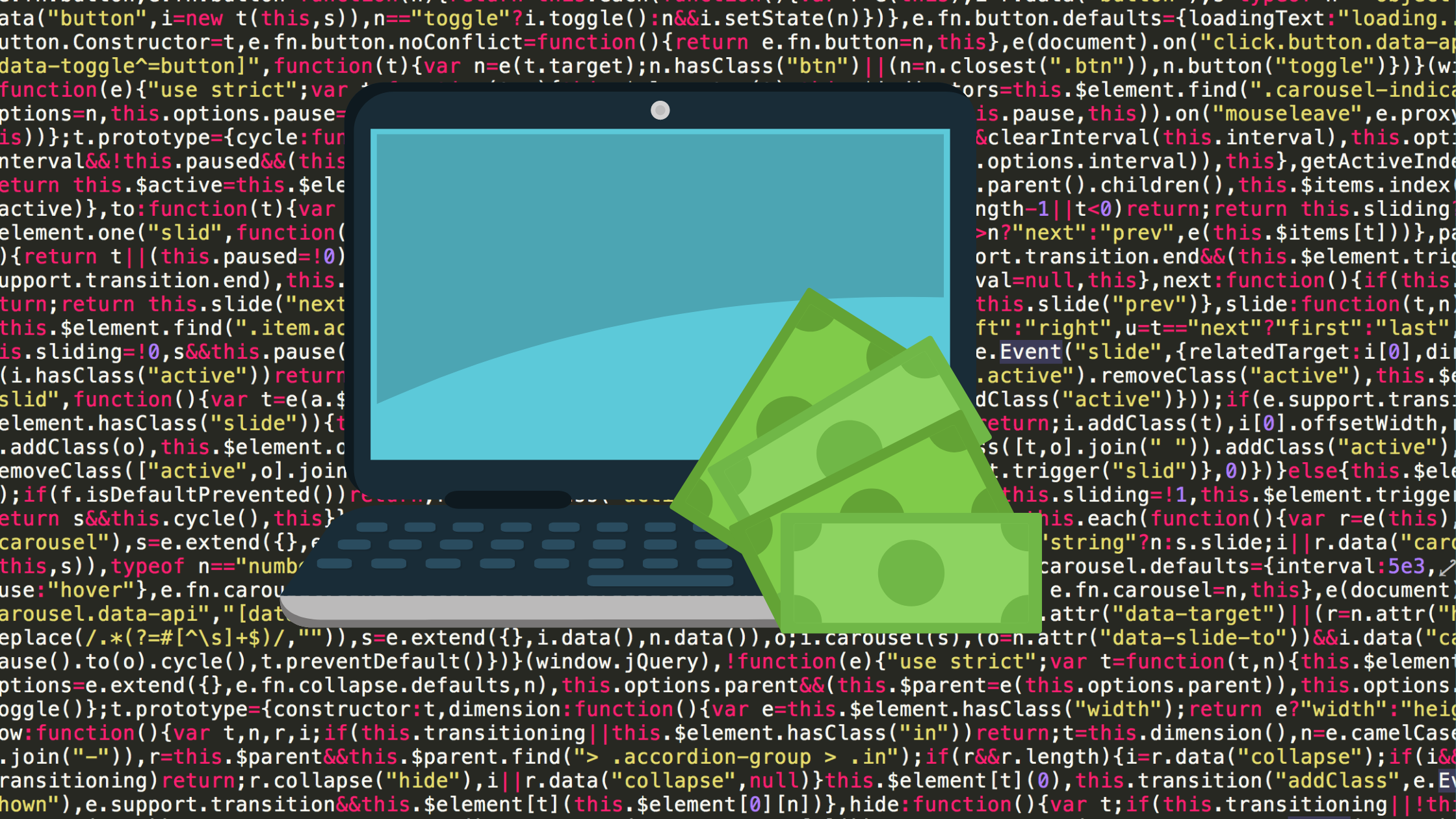 An illustration of a computer and a fan of money over a code background