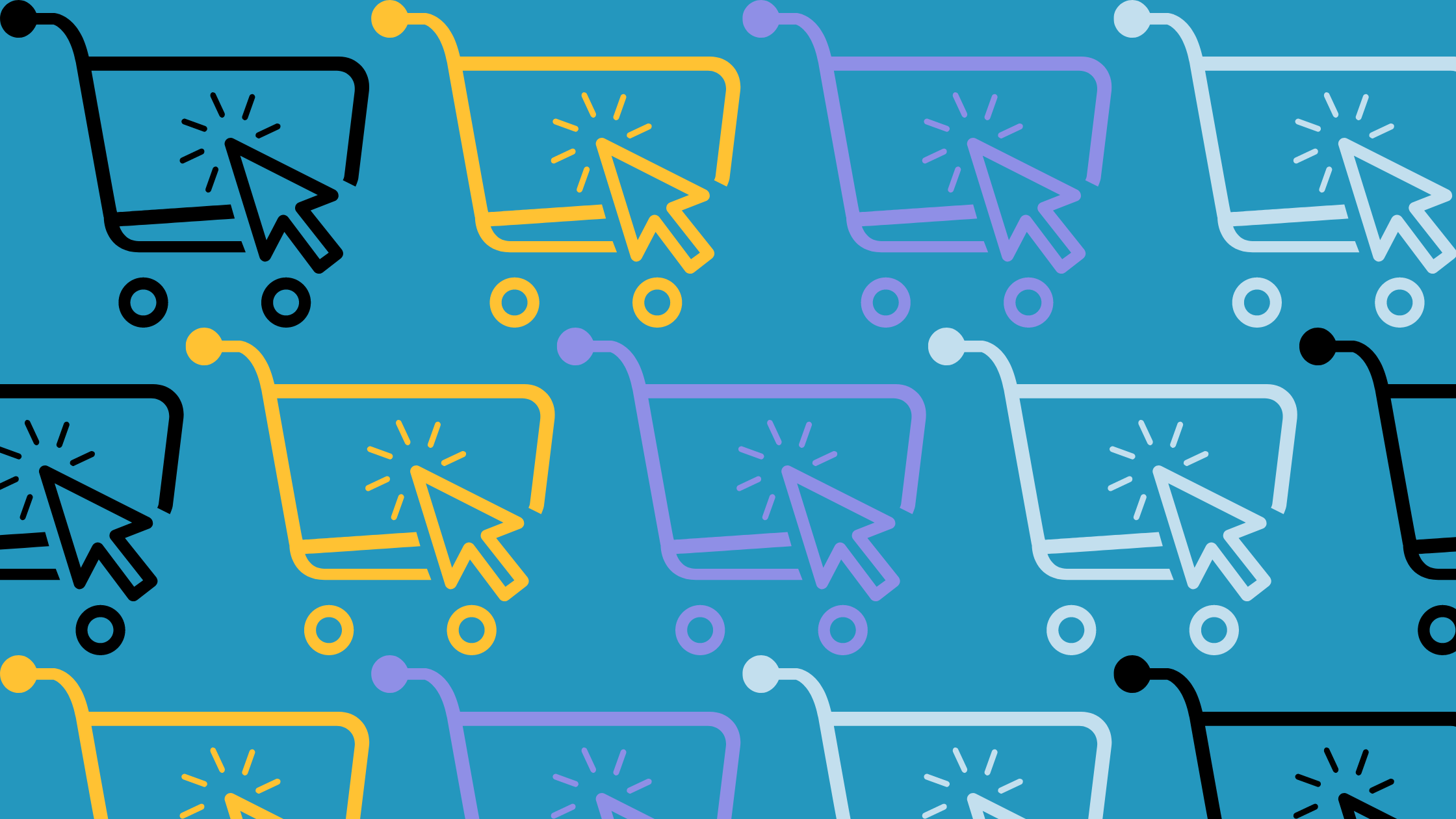 Graphics of a cursor clicking on a shopping cart in a repeating pattern