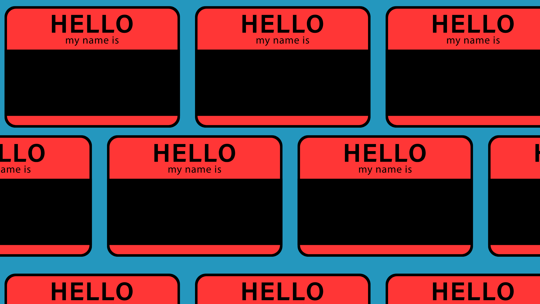 A repeating pattern of "Hello my name is" name tags