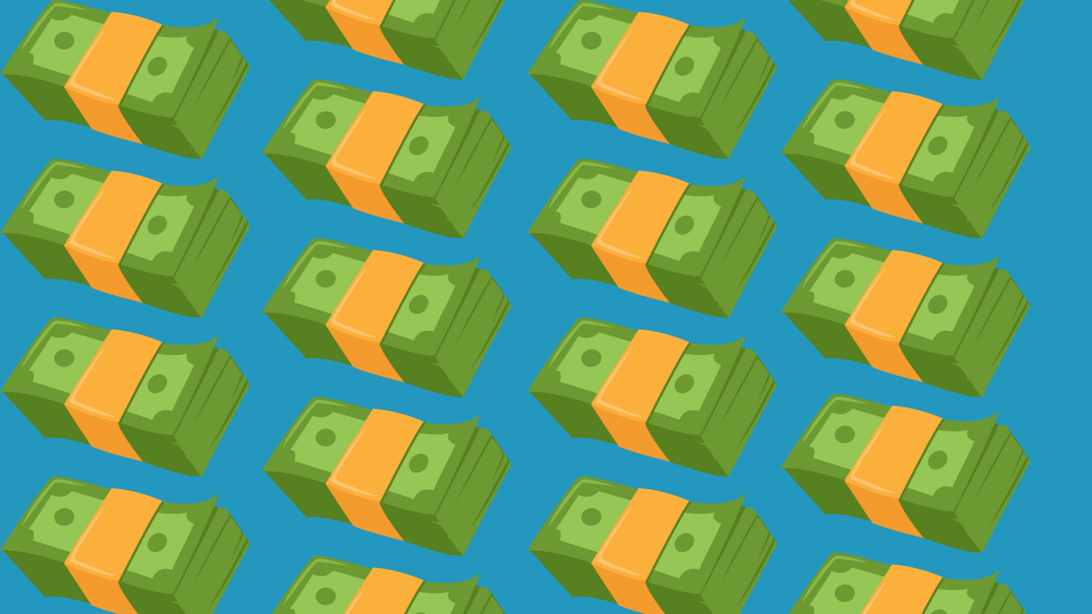 A repeating pattern of money bundle graphics