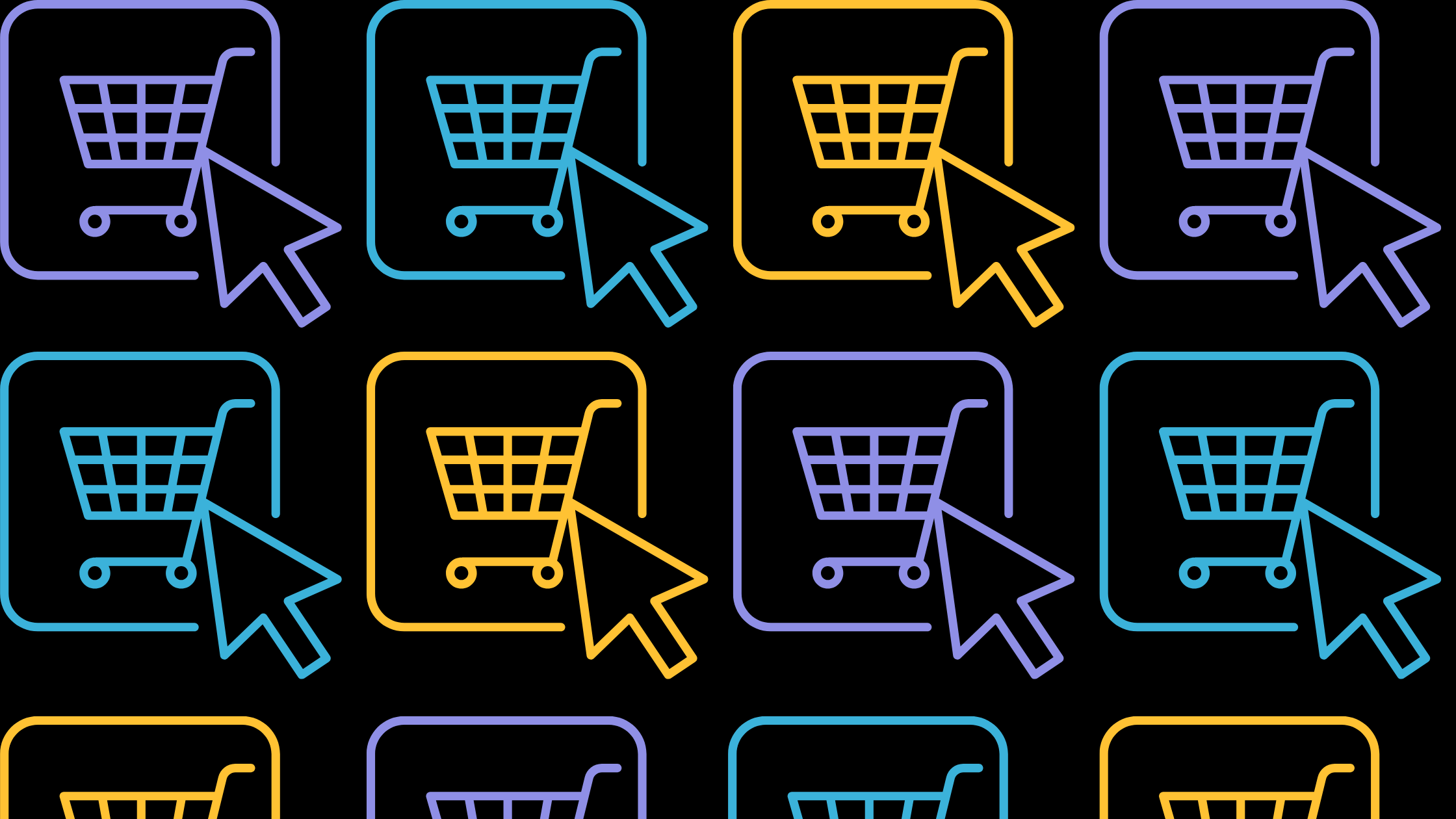 A repeating pattern of shopping cart icons with cursors clicking on them