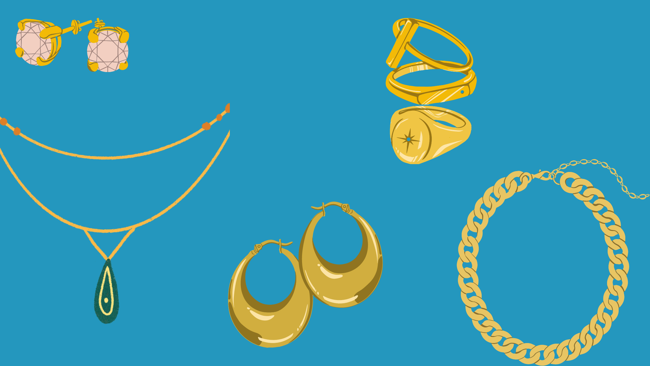 An assortment of gold jewelry items