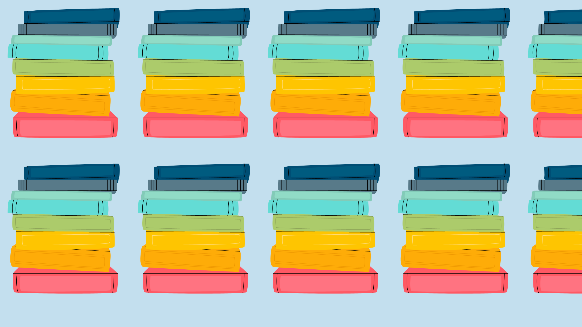 Rainbow colored stacks of books
