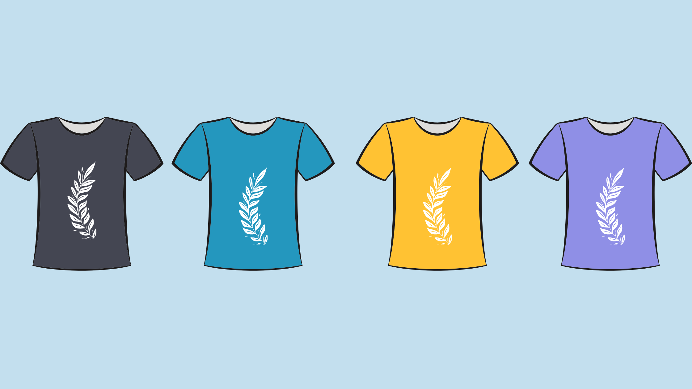 Four different colored T-shirts with the same fern design on them