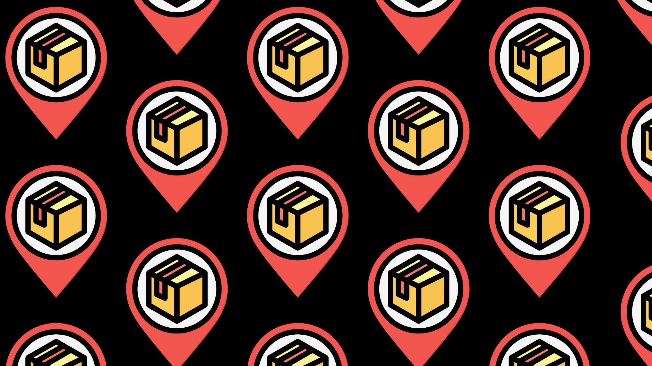 A repeating pattern of location pins with shipping box icons inside of them