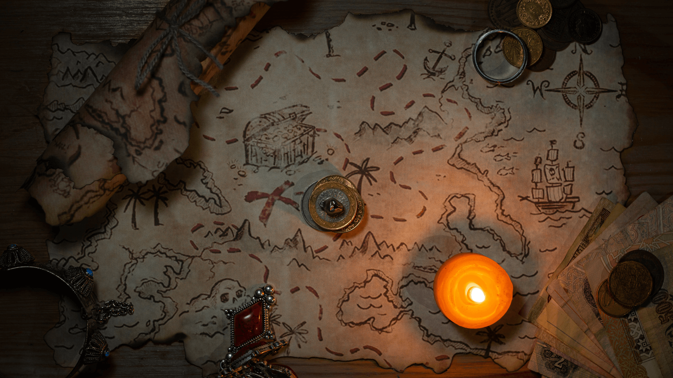 Treasure map with a small candle on top