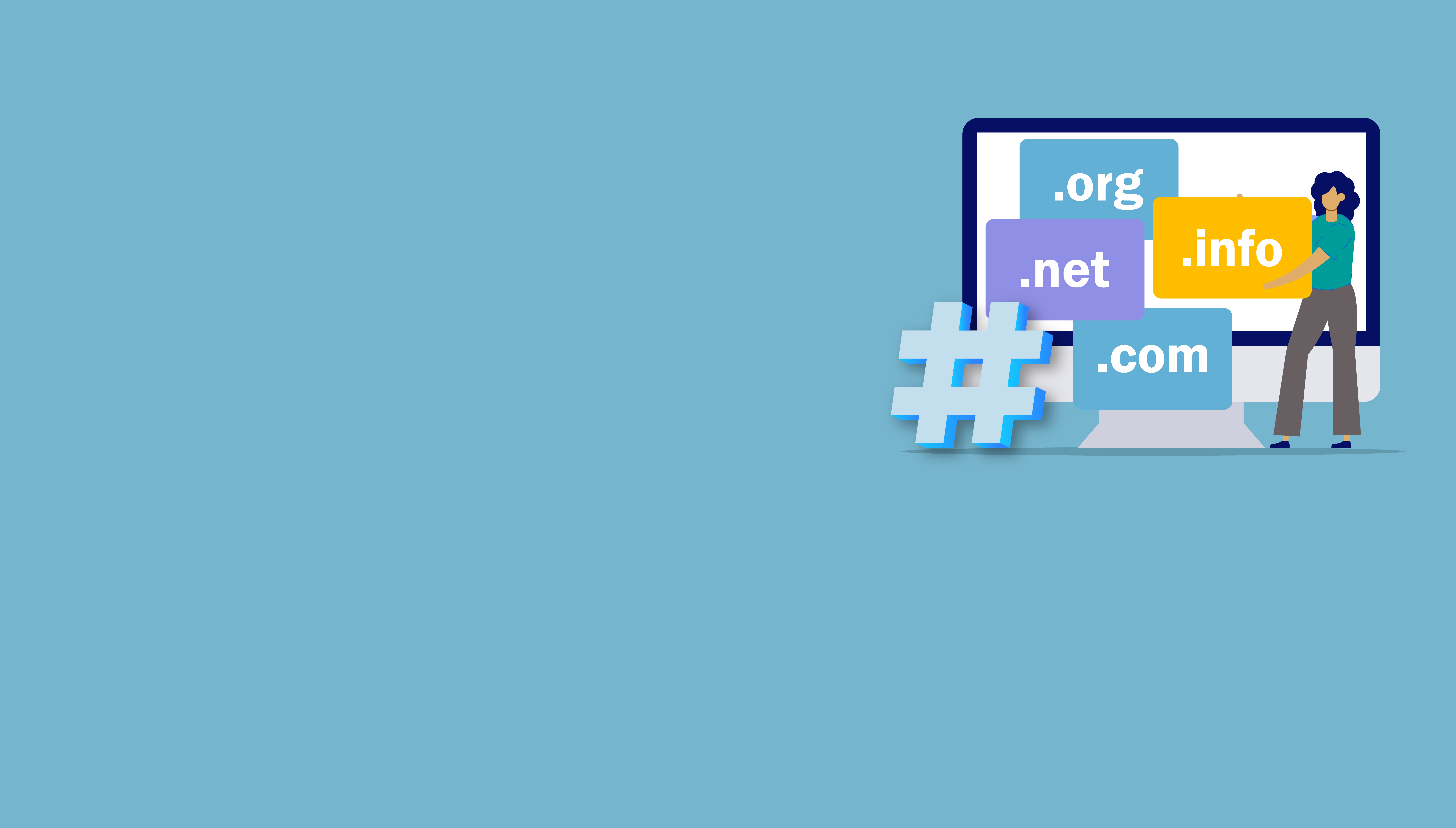 a computer screen against a blue background displaying various TLDs as well as a pound symbol.